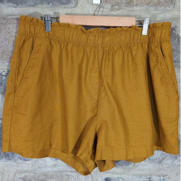 Woman's H&M Linen Blend Paper Bag Waist Shorts Mustard Brown Size XL Loose Fit - Picture 2 of 13